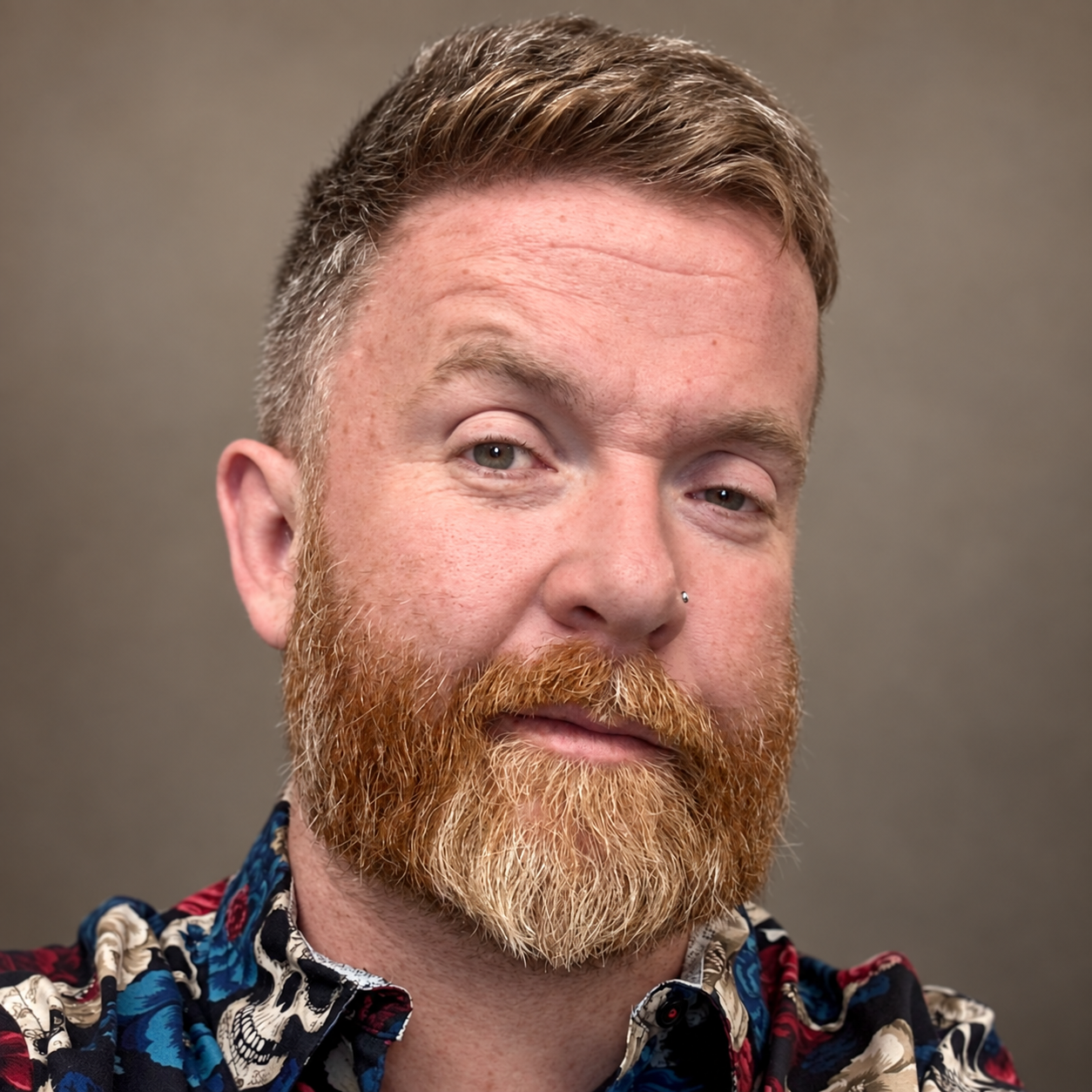Christopher Blumzon wearing a patterned shirt
