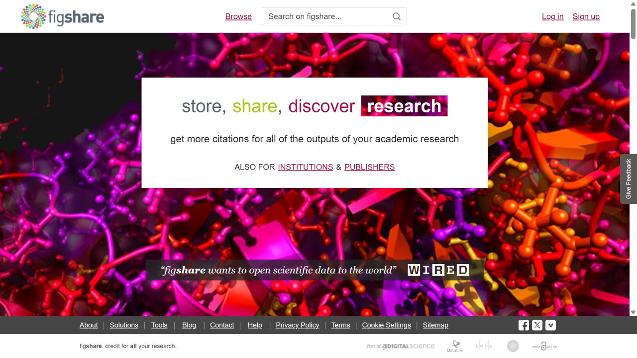 Figshare's public homepage with its colourful research imagery and store, share, discover interface