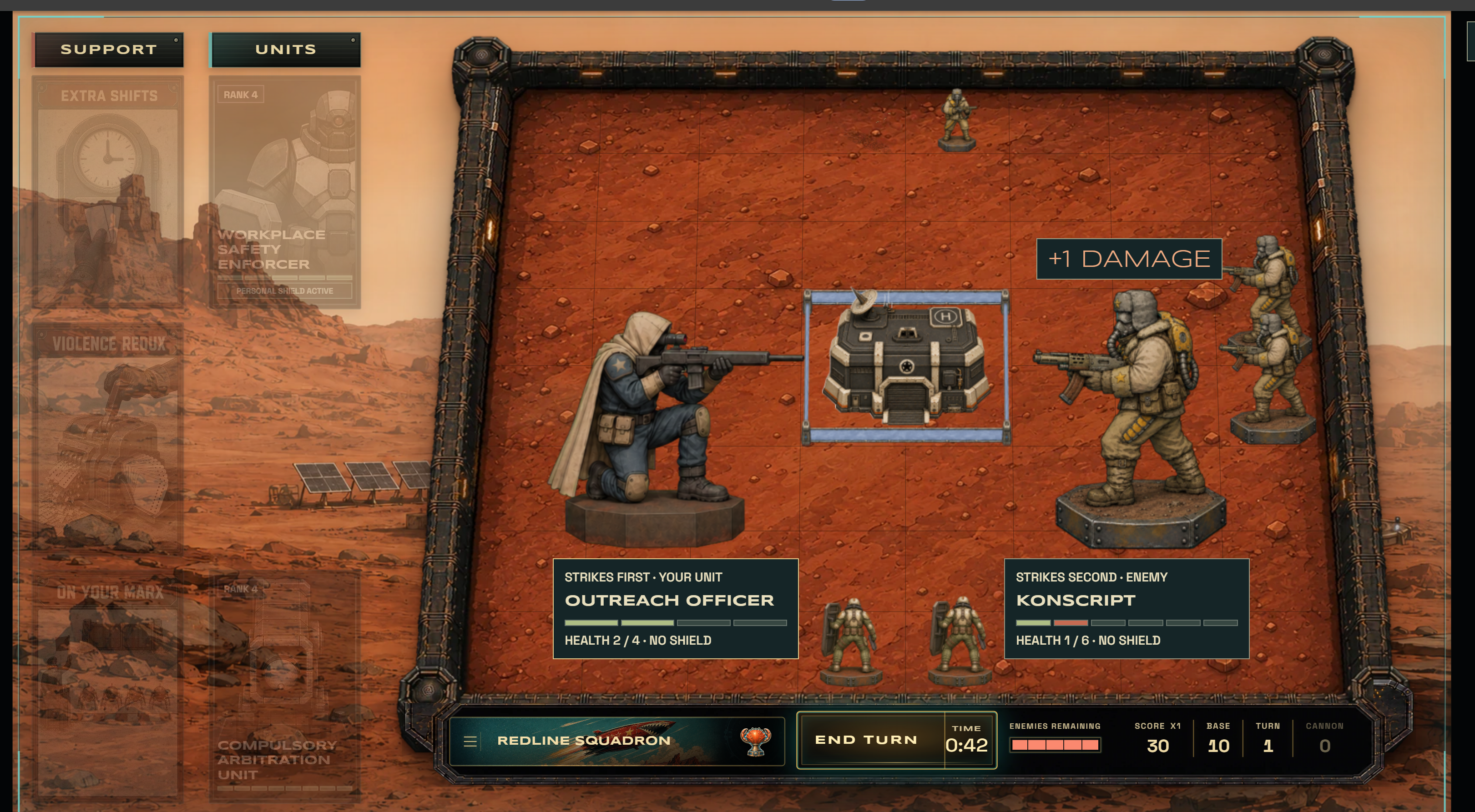 The Martian Paperclip Protocol: an Outreach Officer faces a Konscript in a tactical battle on the Martian game board.