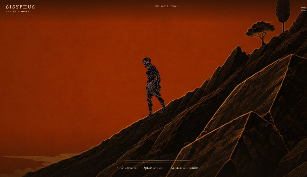 Sisyphus and his stone on a painted terracotta mountainside